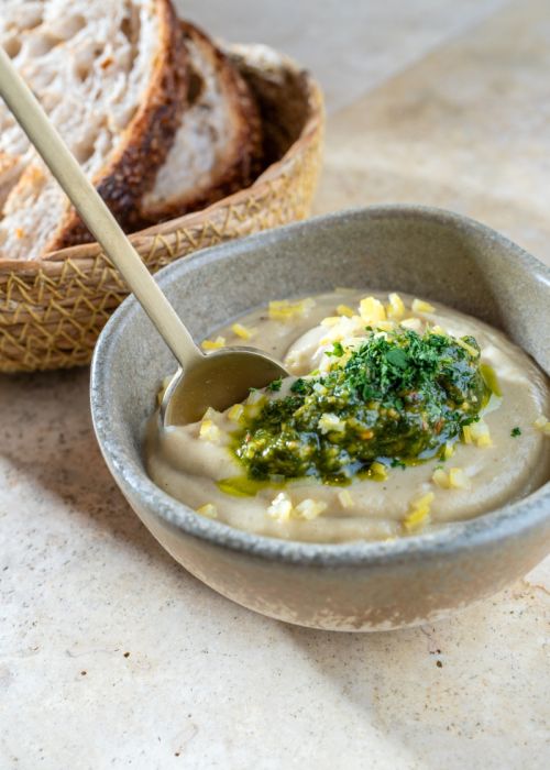 Eggplant Cream with Chervil Pesto and Moroccan Preserved Lemon