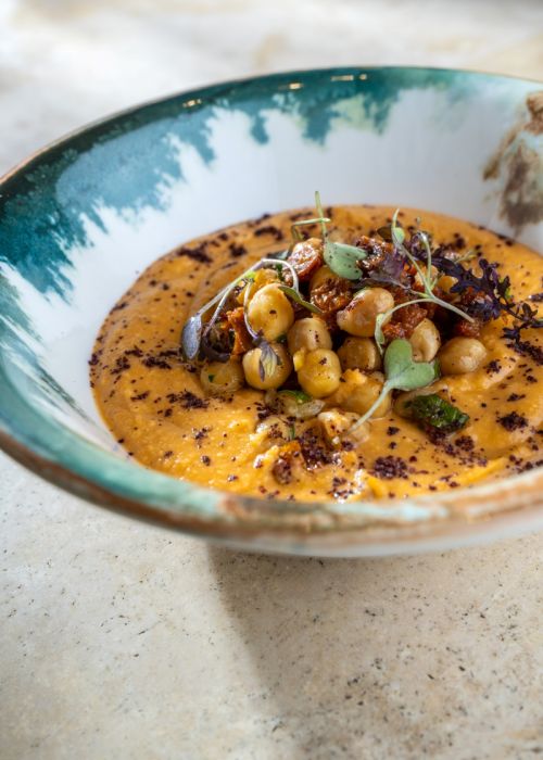 Tomato Hummus with Sumac and Marinated Chickpeas