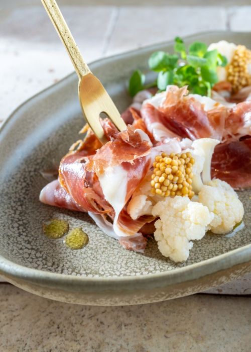 Dry-Aged Mangalica Ham with Homemade Pickled Cauliflower