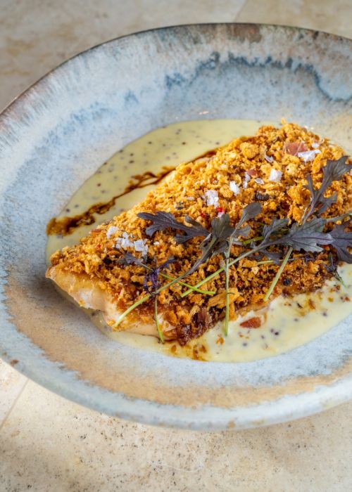 Sült Csirkemell Mézesmustáros Mártással és Sonkamorzsával