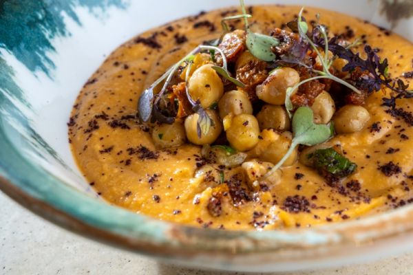 Tomato Hummus with Sumac and Marinated Chickpeas